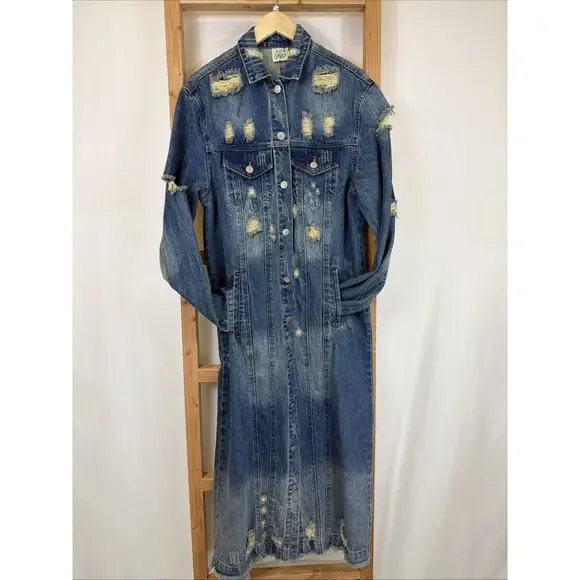 NWT Jade Gypsy Blue Distressed Denim Long Duster Jacket #1391 Size S M - Picture 3 of 10
